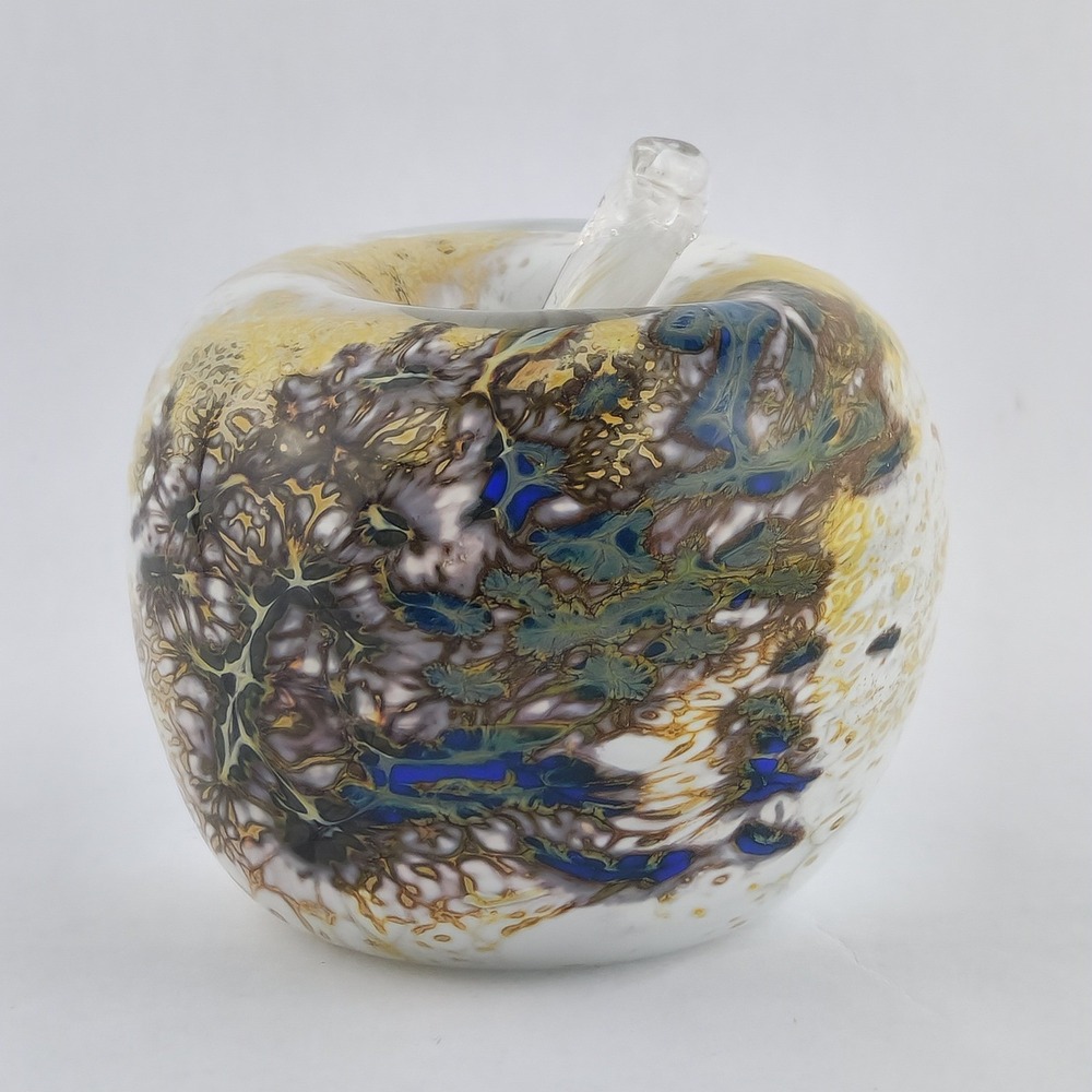 Hand Blown Studio Art Glass Apple Sculpture White Blue Gold Paperweight Decor